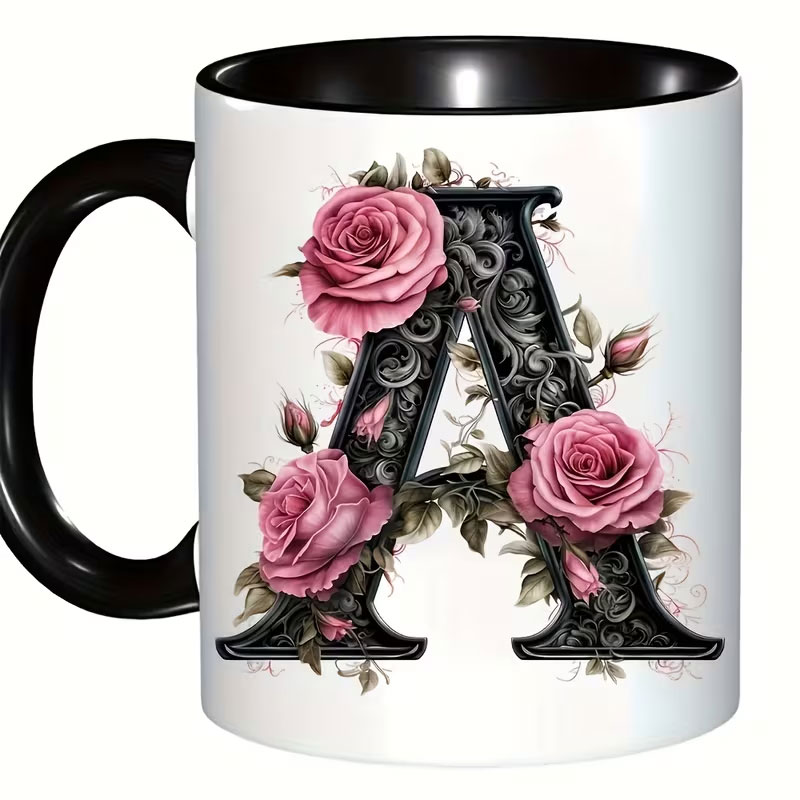 كوب قهوة مطبوع عليه حرف وردة م - مراجعة Coffee Tea Name وسعره
